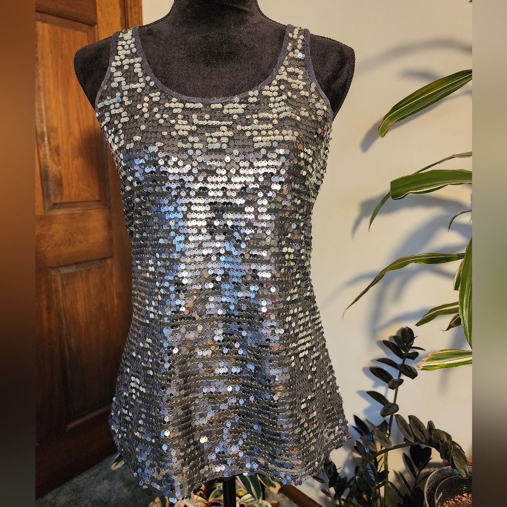Express lace and sequin tank top, small, grey
